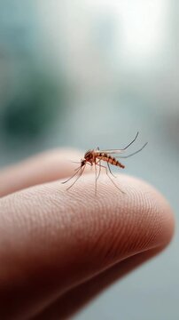 Mosquito standing on a fingertip, potentially an aedes aegypti mosquito known for transmitting diseases like dengue fever, zika virus, and chikungunya