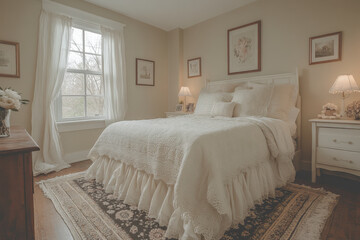 Bed with rumpled sheets and scattered pillows on a rug in a cozy bedroom.