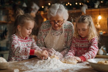 Grandmother and granddaughters in matching Christmas-themed sweaters baking with flour flying in the air