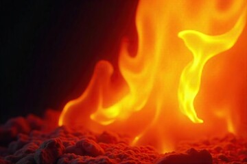 Fototapeta premium Close-up shot of vibrant orange and yellow flames licking upwards, intense heat and flickering light visible in detail , combustion, danger