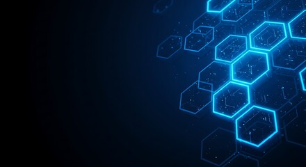 Obraz premium Futuristic blue glowing hexagonal grid on a dark background, symbolizing digital innovation, data flow, interconnected networks, and advanced technology