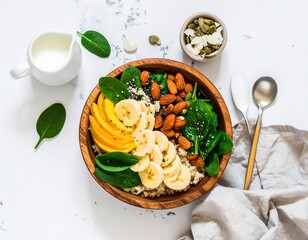 Healthy breakfast bowl with mango, banana, and spinach