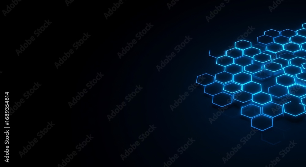 Poster conceptual sci-fi backdrop with a neon blue hexagonal lattice representing data and innovation