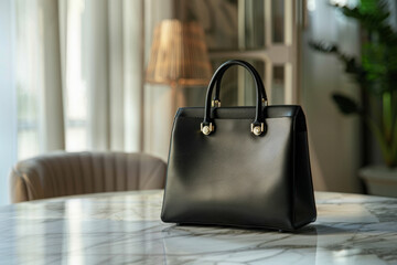 Elegant luxury handbag on marble table, soft ambient lighting, minimalist background, high-end fashion product photography style