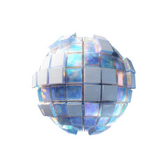 Abstract iridescent sphere composed of fragmented cubes, 3D render