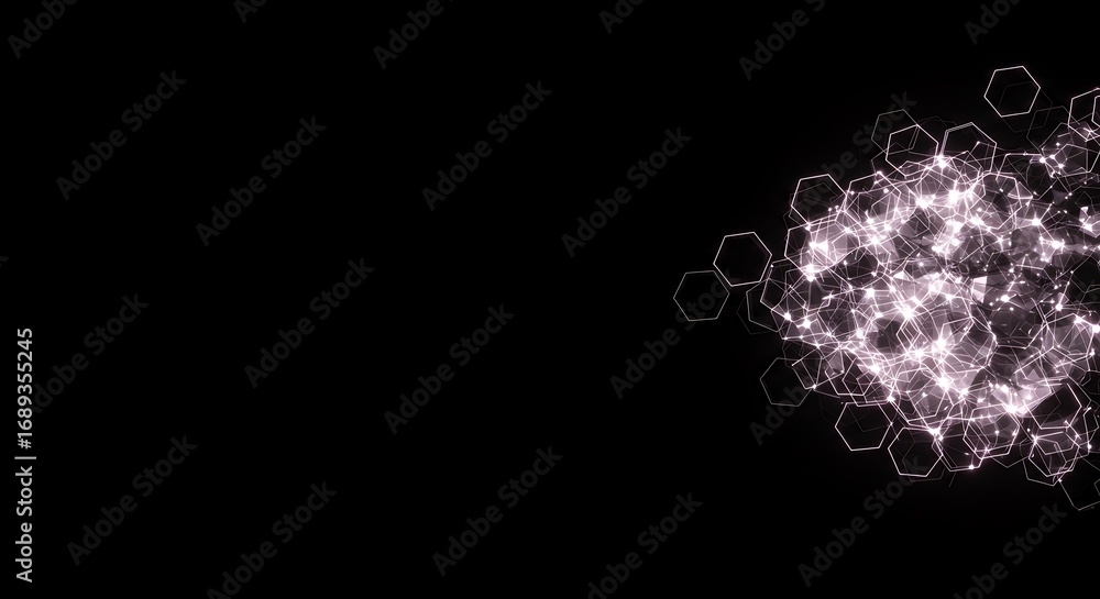 Poster abstract scientific background with a glowing cluster of interconnected hexagonal particles, symboli