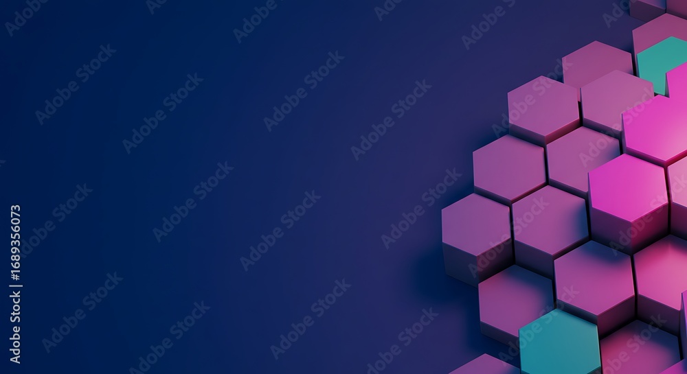 Poster vibrant three-dimensional hexagonal pattern with neon pink and cyan colors on a dark blue background