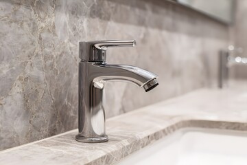Contemporary sensor-activated water tap in a public restroom, polished stainless steel, mounted on marble sink,
