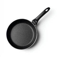 An overhead shot of a single, empty black frying pan with a long black handle, isolated on white.