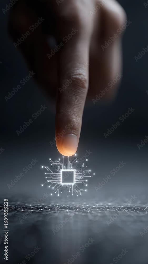 Poster holographic microchip glowing with technological potential, human finger interacting dynamically wit