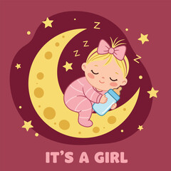 Illustration baby girl sleeping in the moon, vector design