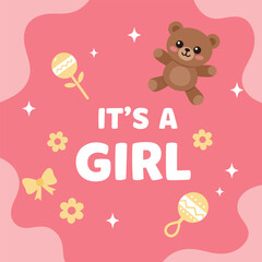 Design of it's a girl, gender reveal with pink background vector illustration