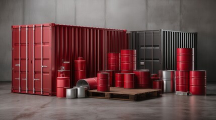 Industrial red and gray shipping containers with metal oil barrels stacked on wooden pallet in concrete warehouse setting for logistics and transportation industry