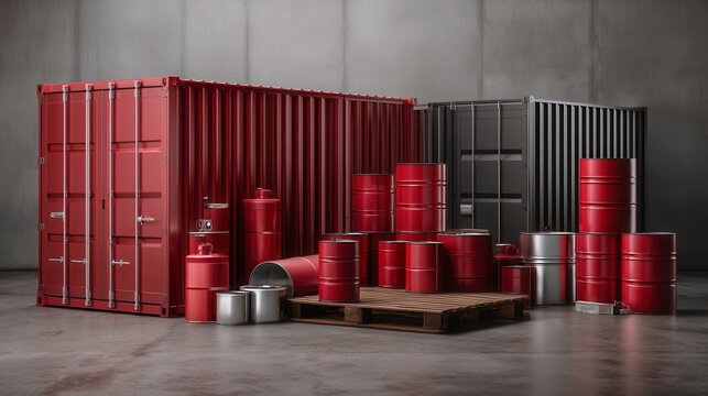 Industrial red and gray shipping containers with metal oil barrels stacked on wooden pallet in concrete warehouse setting for logistics and transportation industry