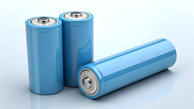 Blue lithium ion batteries on light backdrop. Suitable for electrical devices and appliances.