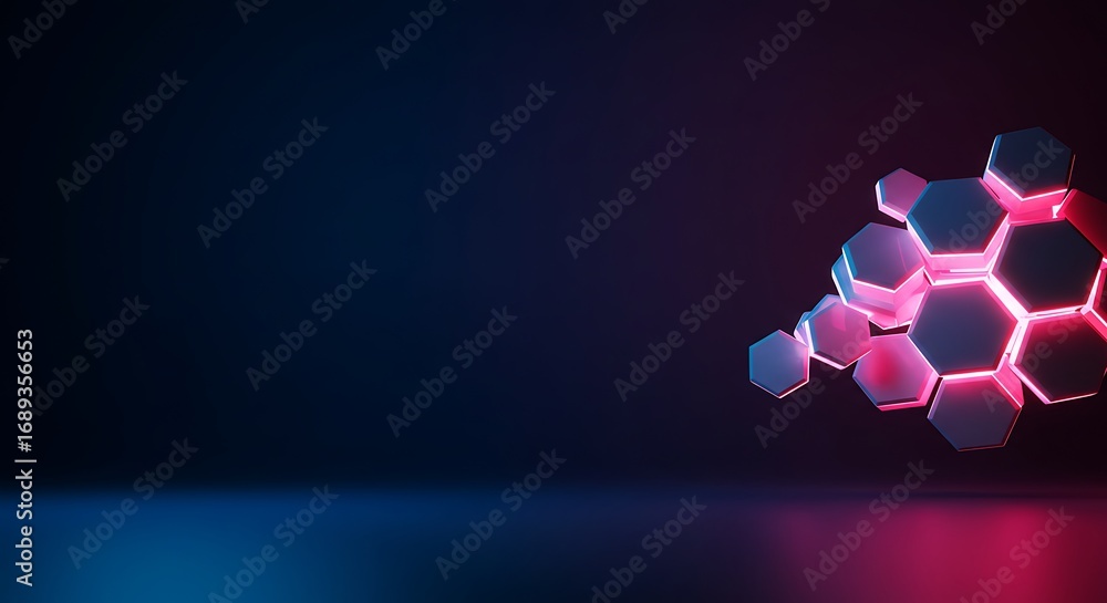 Poster abstract scientific background featuring a cluster of luminous pink hexagons on a reflective floor w