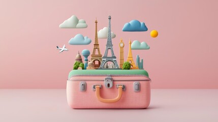 A whimsical suitcase features iconic landmarks and scenic elements, perfect for inspiring wanderlust and adventures.