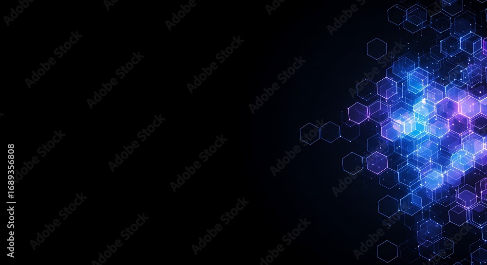 Poster abstract futuristic background featuring a glowing digital network of hexagonal shapes in blue and p