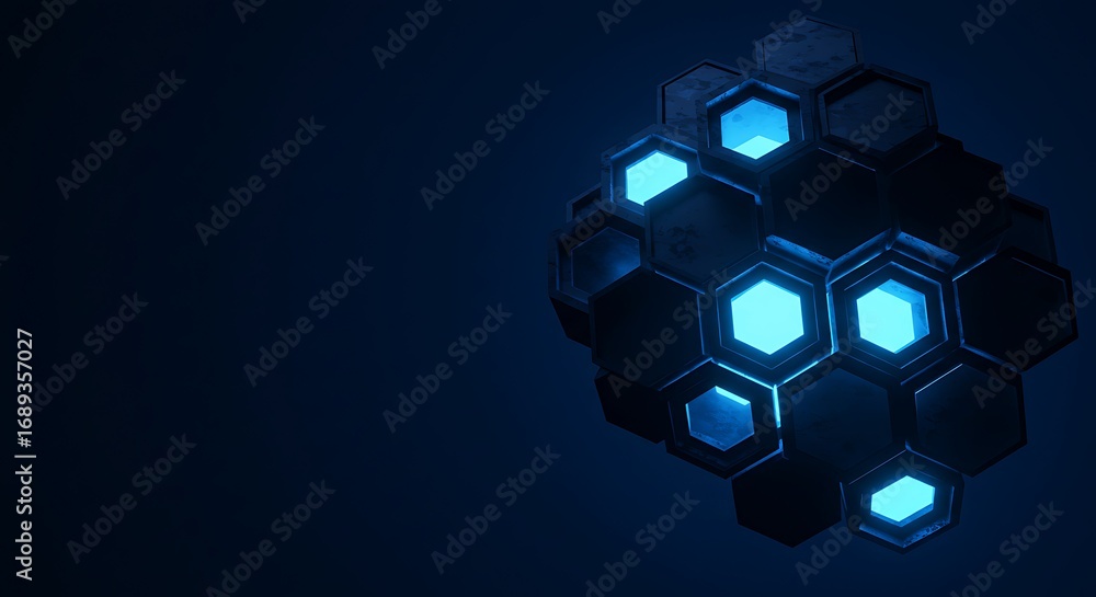 Aufkleber futuristic digital innovation concept featuring a glowing blue hexagonal core representing advanced 