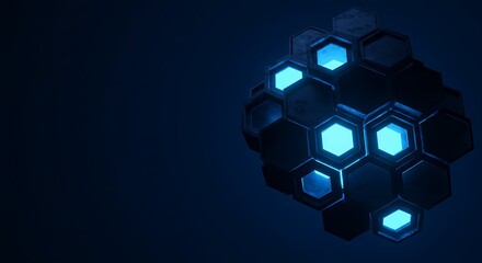 Naklejka premium Futuristic digital innovation concept featuring a glowing blue hexagonal core representing advanced data, networks, and technology