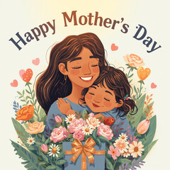Happy Mother&rsquo;s Day Illustration &ndash; Mother and Child with Flowers