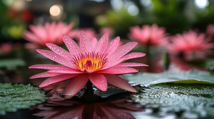 Pink water lily is covered in water droplets, floating serenely. Use for nature designs that show beauty, zen, and peacefulness.