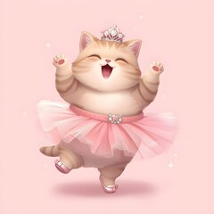 Chubby cat in pink ballerina tutu, wearing a crown, dancing happily, kawaii illustration, pastel background. 