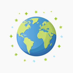 Fototapeta premium Notre planète Terre, océan bleu, continents verts, entouré de petites étoiles, arrière plan blanc