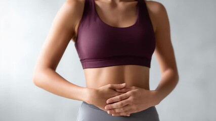 Athletic woman performing gentle abdominal massage, targeting digestive health and supporting overall well being through mindful self care techniques