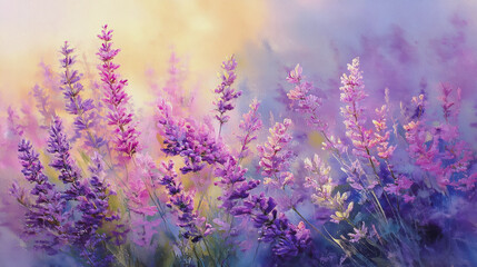 Elegant wedding invitation card background watercolor pictures Natural little a Lavender flower field in a lifestyle style expressing wonder with pastel floral shades and golden lighting harmony

