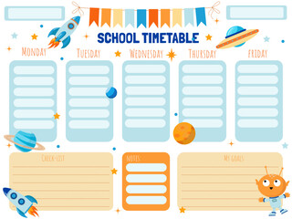 School schedule for students on the theme of space with rockets and planets. Simple flat illustration
