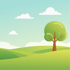 Obraz premium Jolie illustration simple d'un paysage bucolique, nature, un arbre au milieu d'une prairie verdoyante, ciel bleu et quelques nuages éparses, beau temps