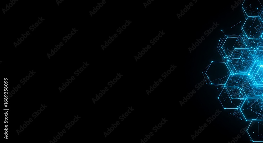 Poster futuristic digital technology background featuring a luminous blue hexagonal grid, symbolizing innov