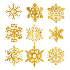 Set of Golden Glitter Christmas Snowflakes with Transparent Background