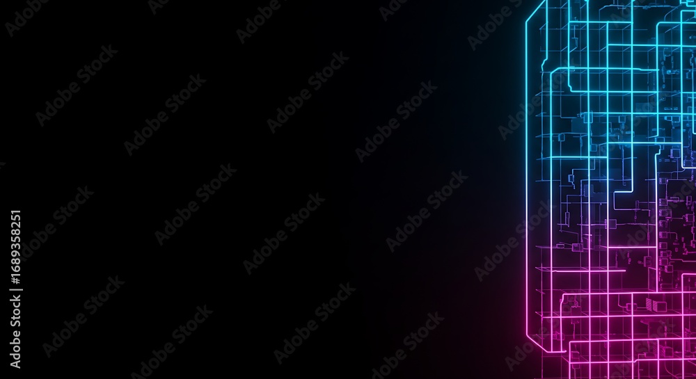 Poster digital visualization of a glowing circuit board with neon blue and magenta lights on a dark backgro