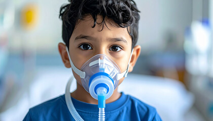 Young Boy with Nebulizer Mask for Respiratory Treatment, A Child's Brave Face During Asthma Therapy at the Hospital