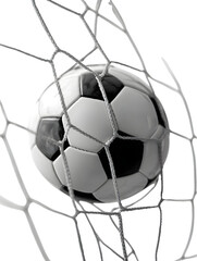 Naklejka premium Soccer Ball in Goal Net, Black and White Sports Photo