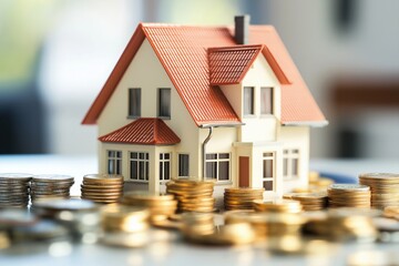 A Focus on Real Estate Investment: The Overlap of Property and Financial Growth Illustrated by a Model House Surrounded by Stacks of Coins