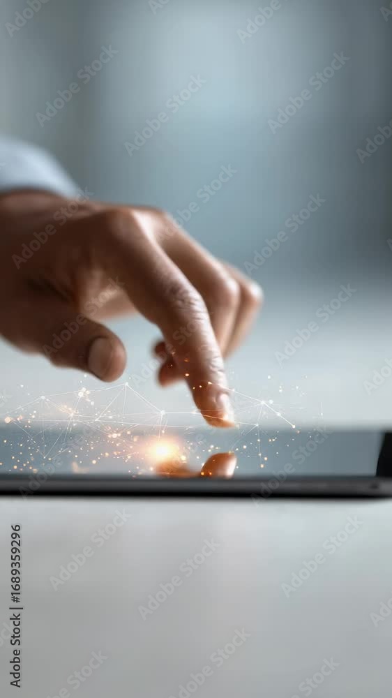 Aufkleber businessman interacts with a futuristic digital network displayed on a tablet, his finger navigating