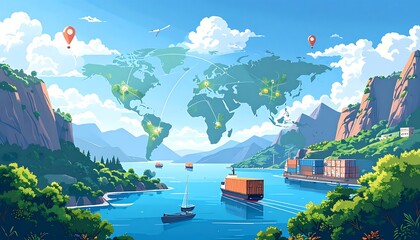Global shipping network, scenic harbor