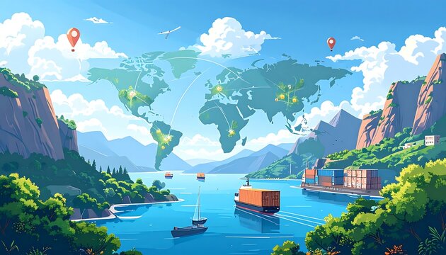 Global shipping network, scenic harbor
