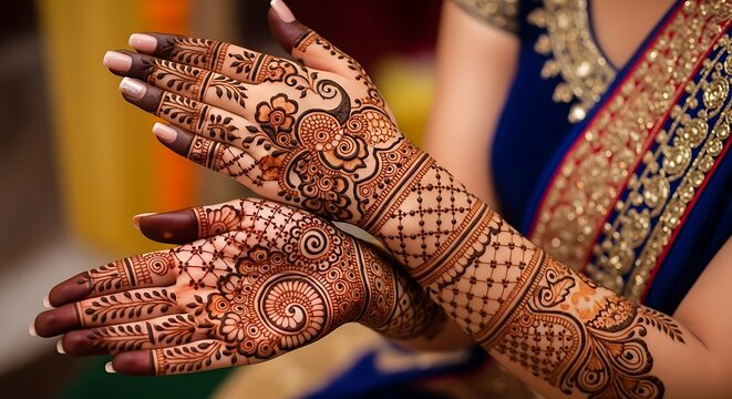 Close-up of intricate henna mehendi designs adorning a woman's hands and arms.