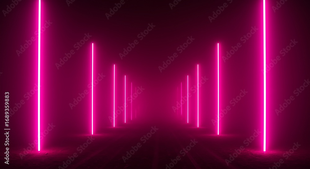 Poster a glowing passageway of vertical pink neon lights forms an endless tunnel into a dark void, a futuri