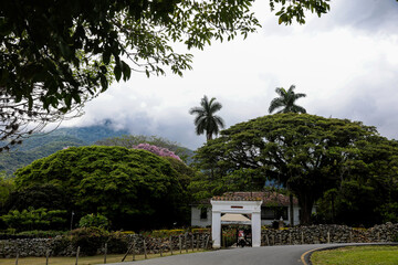 View of the beautiful antique farms on the fertile lands of the Valle del Cauca region in Colombia.