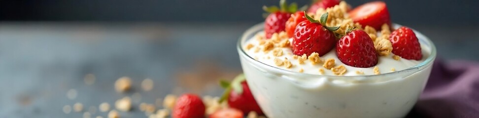 Creamy cottage cheese yogurt in a glass bowl, topped with fresh berries and a sprinkle of granola  Healthy breakfast or snack option  Perfect for a light and nutritious meal ,  antioxidants,  granola