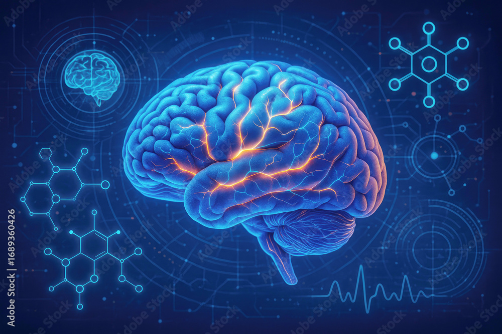 Poster futuristic digital human brain with neural network and molecular structures mind science