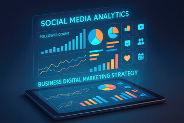 Futuristic Digital Tablet Displaying Social Media Analytics and Marketing Strategy technology