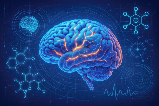 Futuristic Digital Human Brain With Neural Network And Molecular Structures mind science - Powered by Adobe