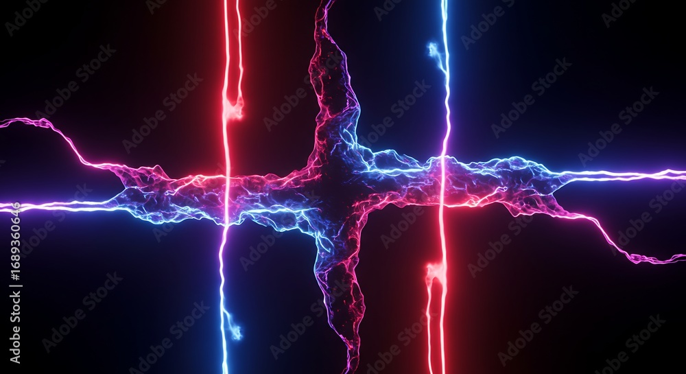 Fototapete abstract visualization of opposing forces with red and blue energy streams clashing and merging in a