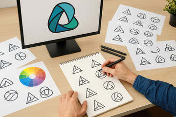Graphic designer selecting colors and sketching logo ideas on notebook and papers logo design process